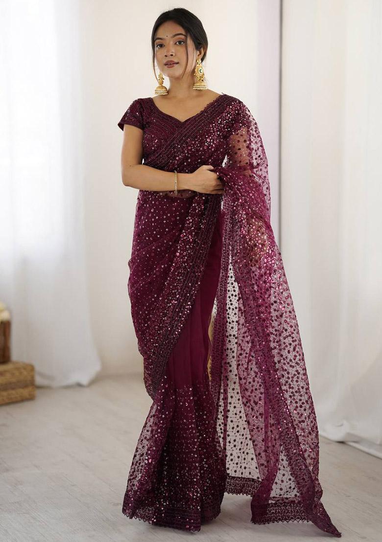 Wine Sequin Work Crepe Saree Set - Indya