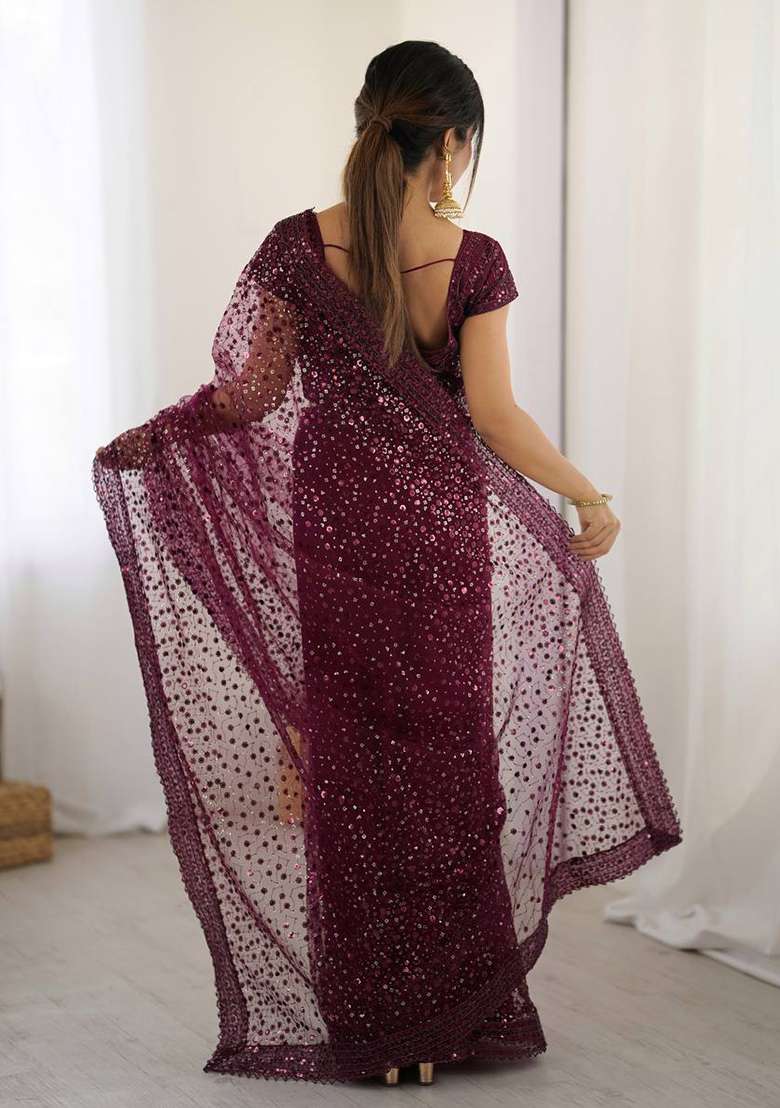 Wine Sequin Work Crepe Saree Set for Diwali and Festive Wear - Indya