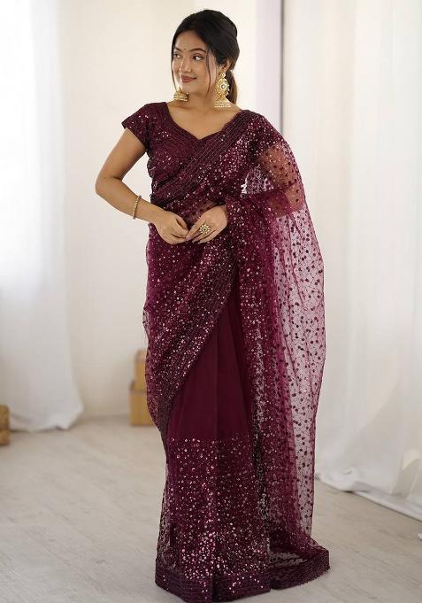 Wine Sequin Work Crepe Saree Set