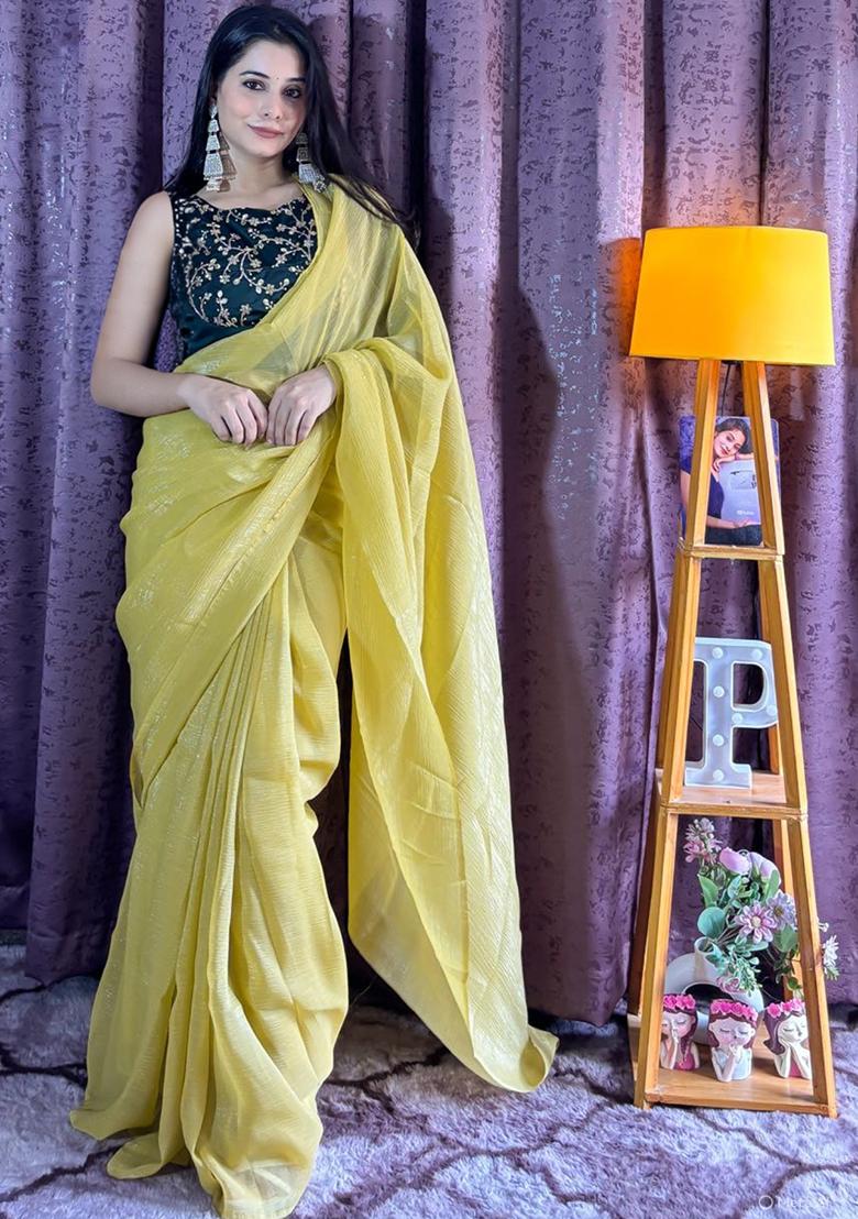 Yellow Sequin Work Silk Saree Set