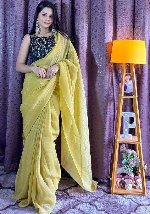 Yellow Sequin Work Silk Saree Set