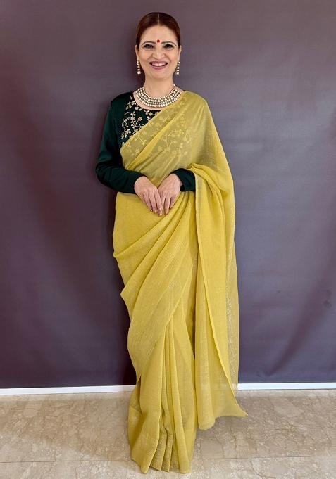 Yellow Sequin Work Silk Saree Set