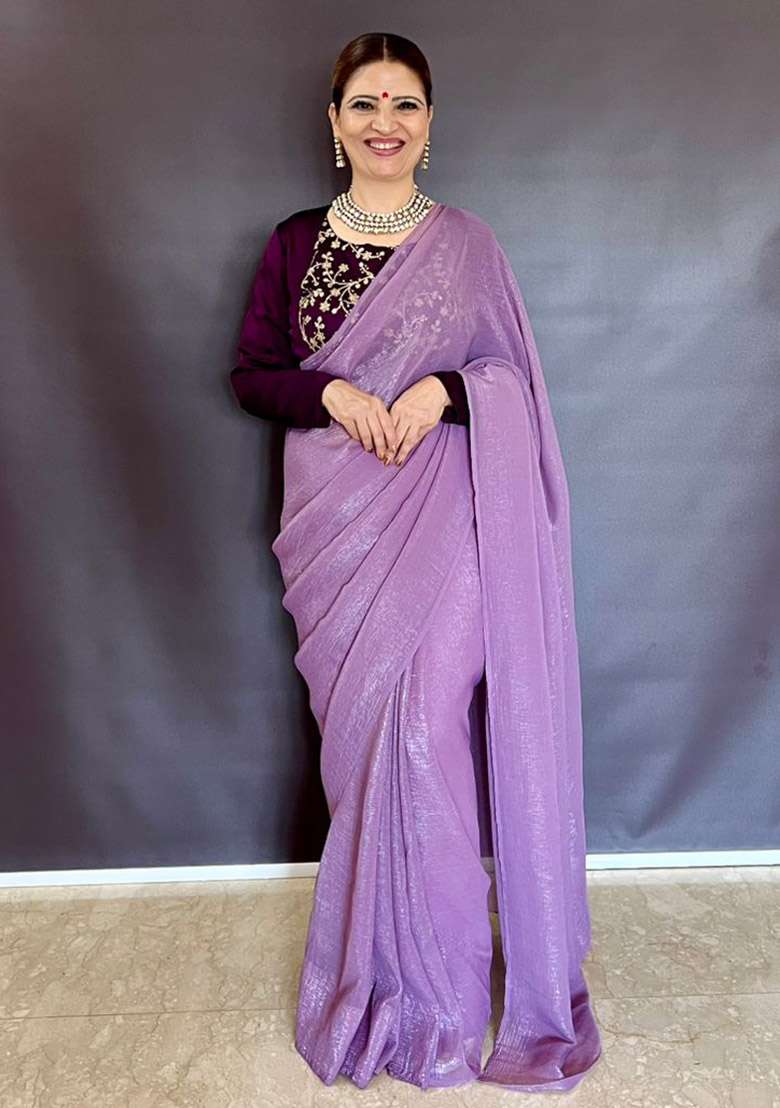 Lilac Sequin Work Silk Blend Saree Set for Diwali and Festive Wear - Indya