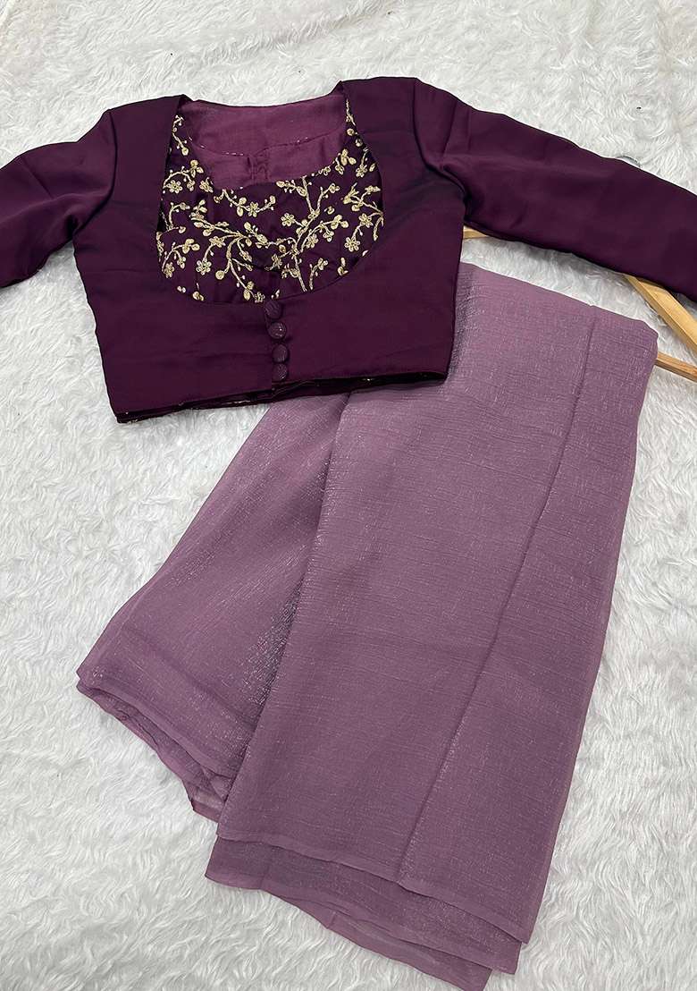 Lilac Sequin Work Silk Blend Saree Set for Diwali and Festive Wear - Indya