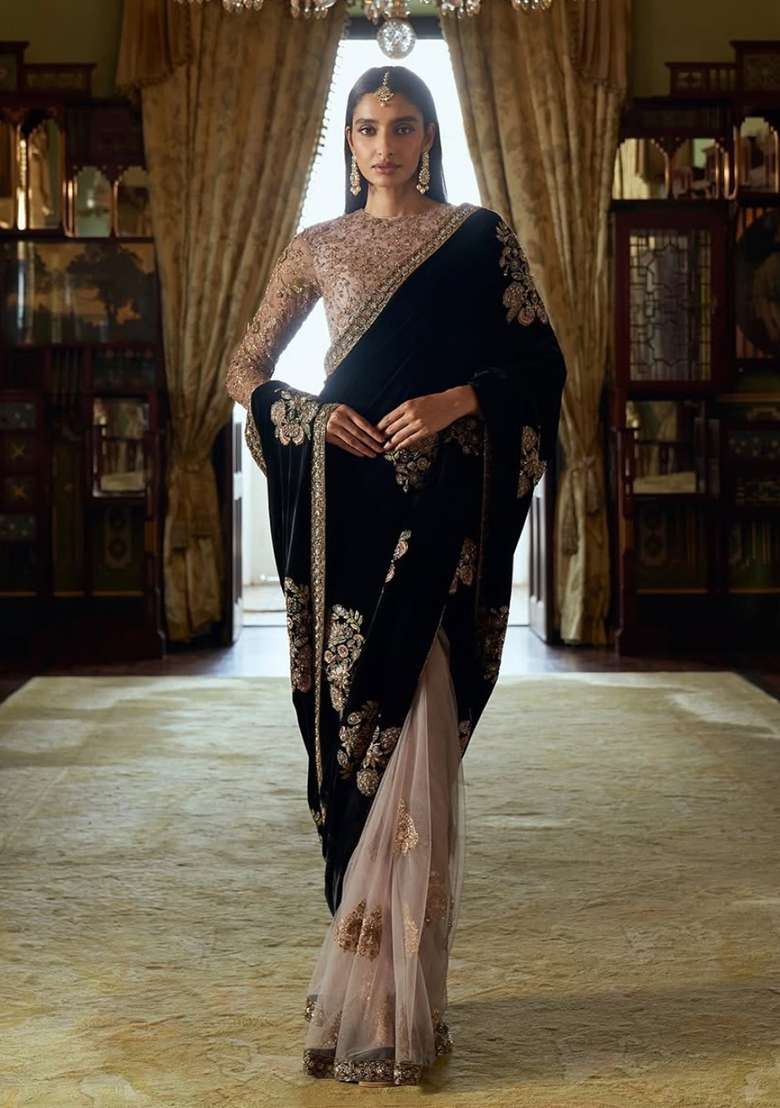 Black Cream Sequin Work Velvet Saree Set - Indya