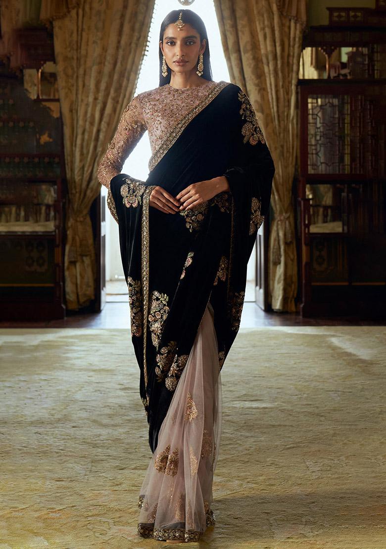 Black Cream Sequin Work Velvet Saree Set - Indya