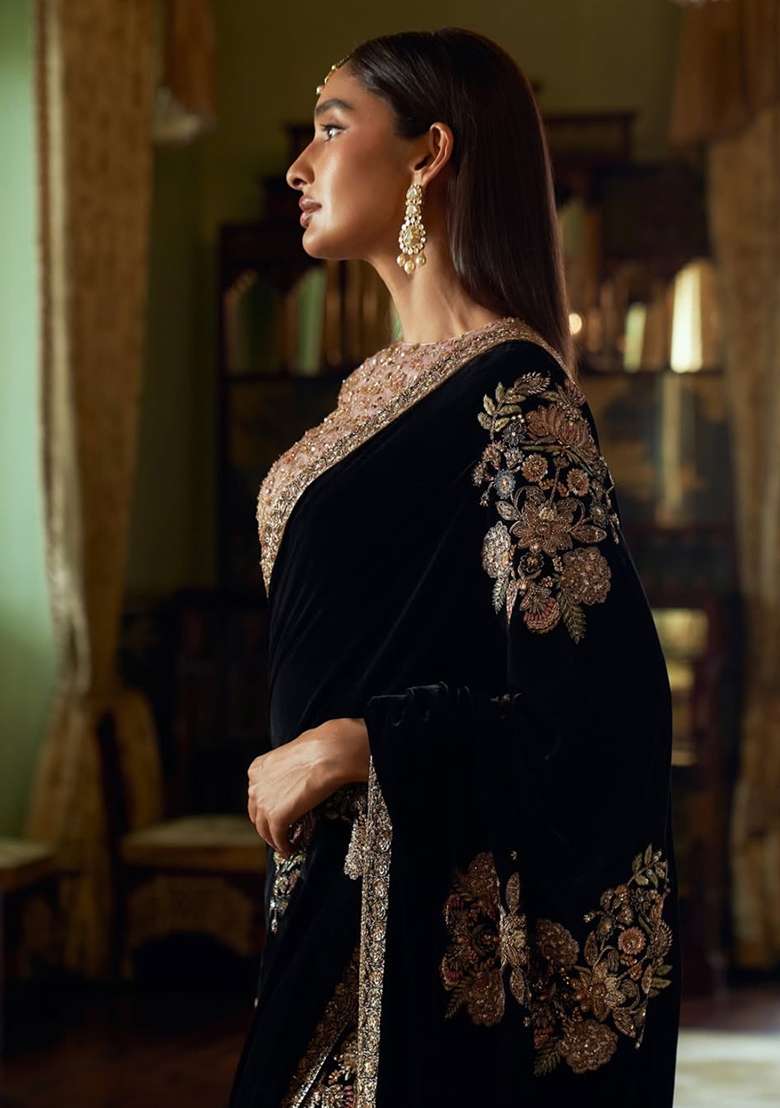 Black Cream Sequin Work Velvet Saree Set - Indya