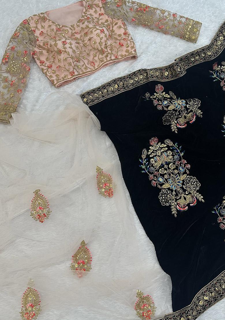 Black Cream Sequin Work Velvet Saree Set - Indya
