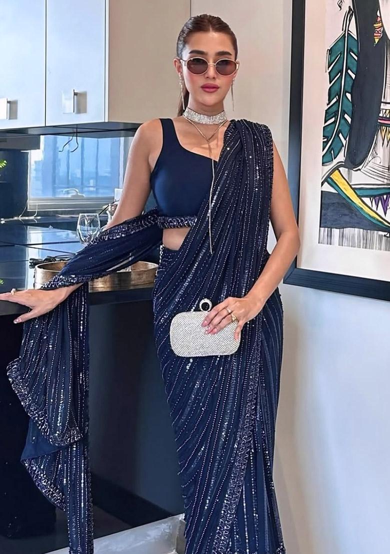 Navy Blue Sequin Work Georgette Saree Set - Indya