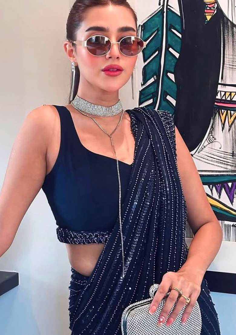 Navy Blue Work Georgette Saree Set with Sequin for Diwali | Wedding & Festive Wear - Indya