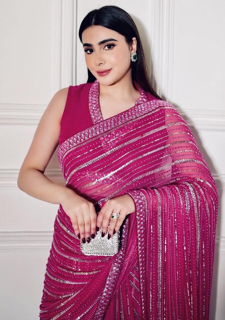 Pink Sequin Work Georgette Saree Set - Indya