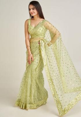 Olive Green Sequin Work Net Saree Set