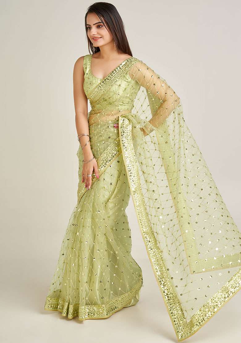 Olive Green Sequin Work Net Saree Set - Indya