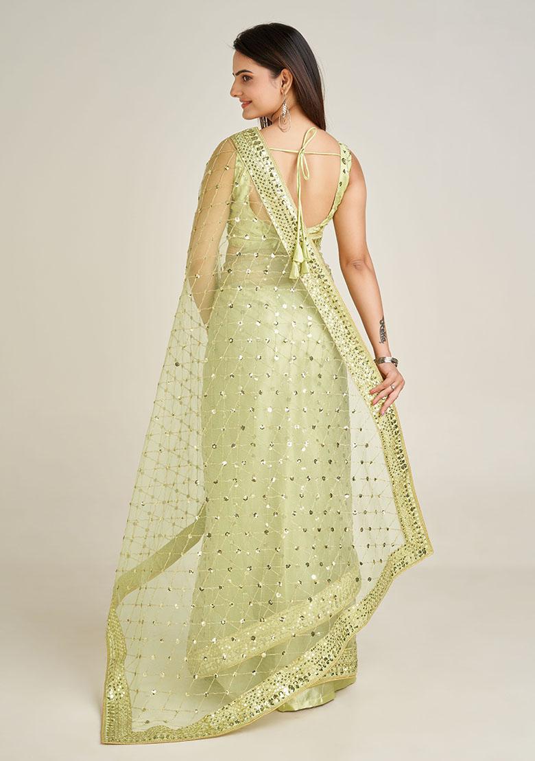 Olive Green Sequin Work Net Saree Set - Indya