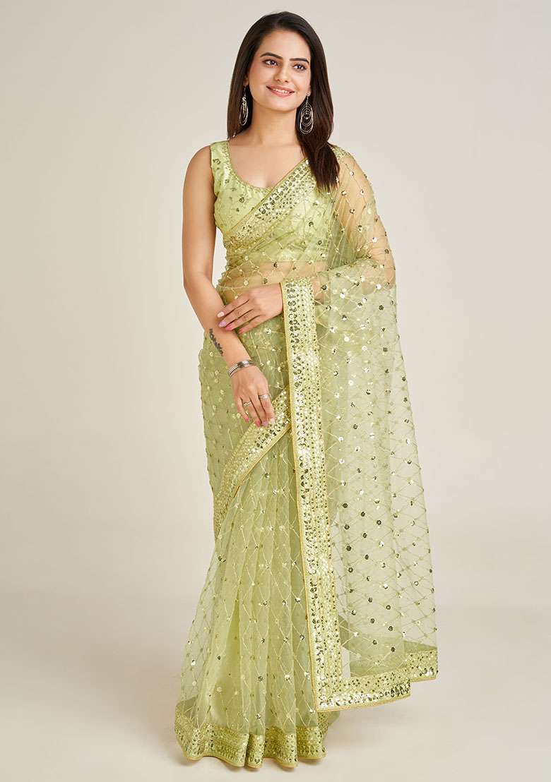 Olive Green Sequin Work Net Saree Set - Indya