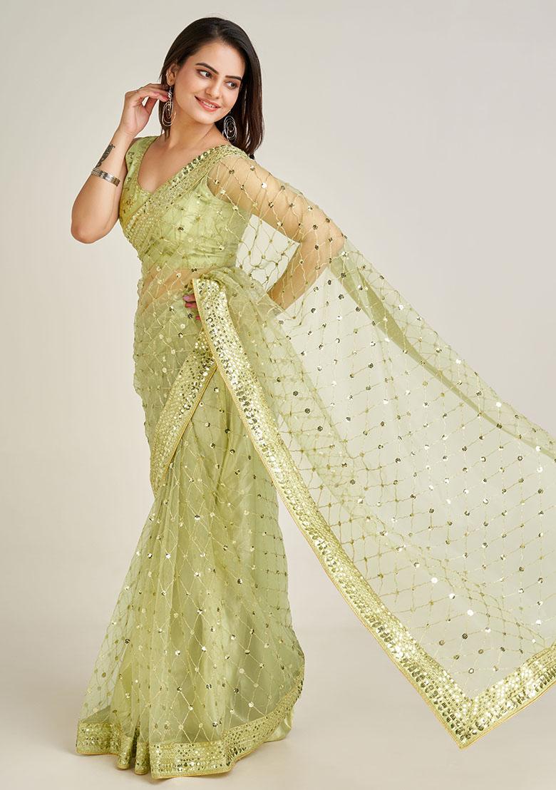 Olive Green Sequin Work Net Saree Set - Indya