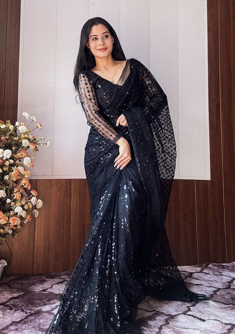 Black Sequin Work Net Saree Set - Indya