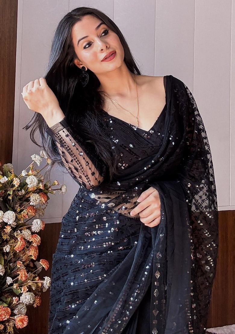 Black Sequin Work Net Saree Set - Indya