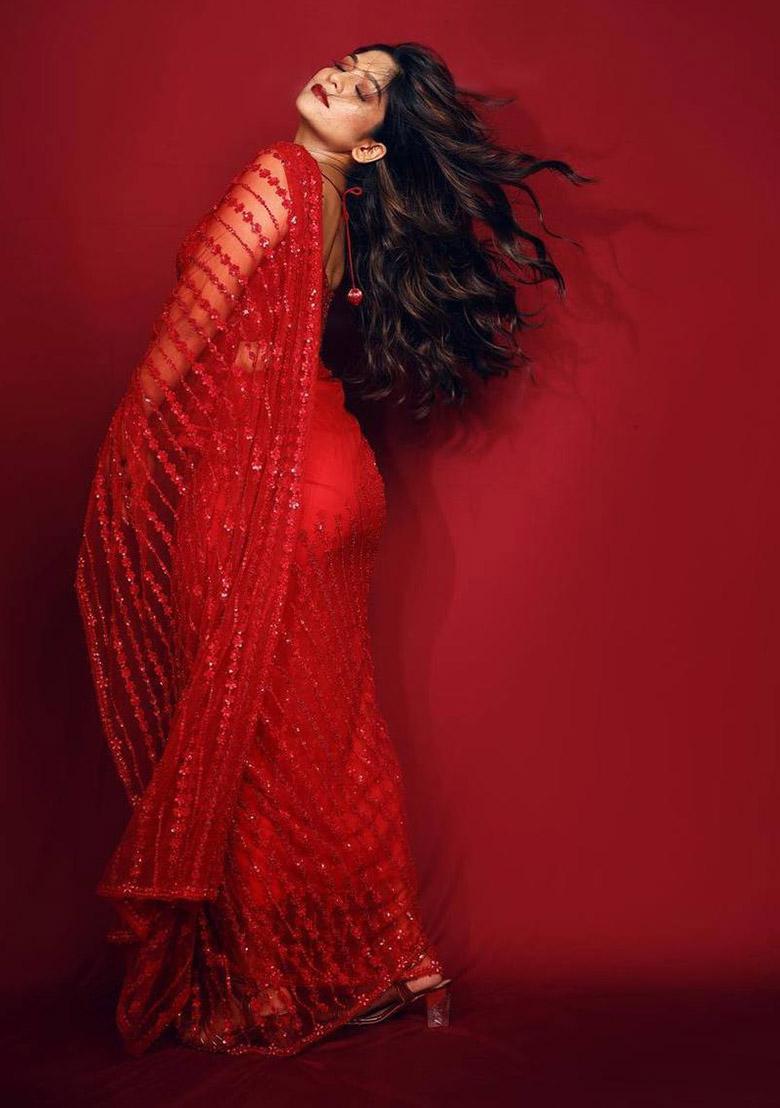 Red Sequin Work Net Saree Set - Indya