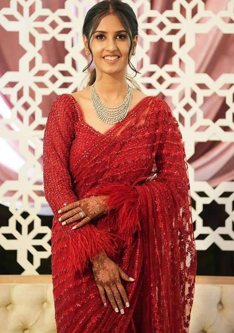 Red Sequin Work Net Saree Set - Indya