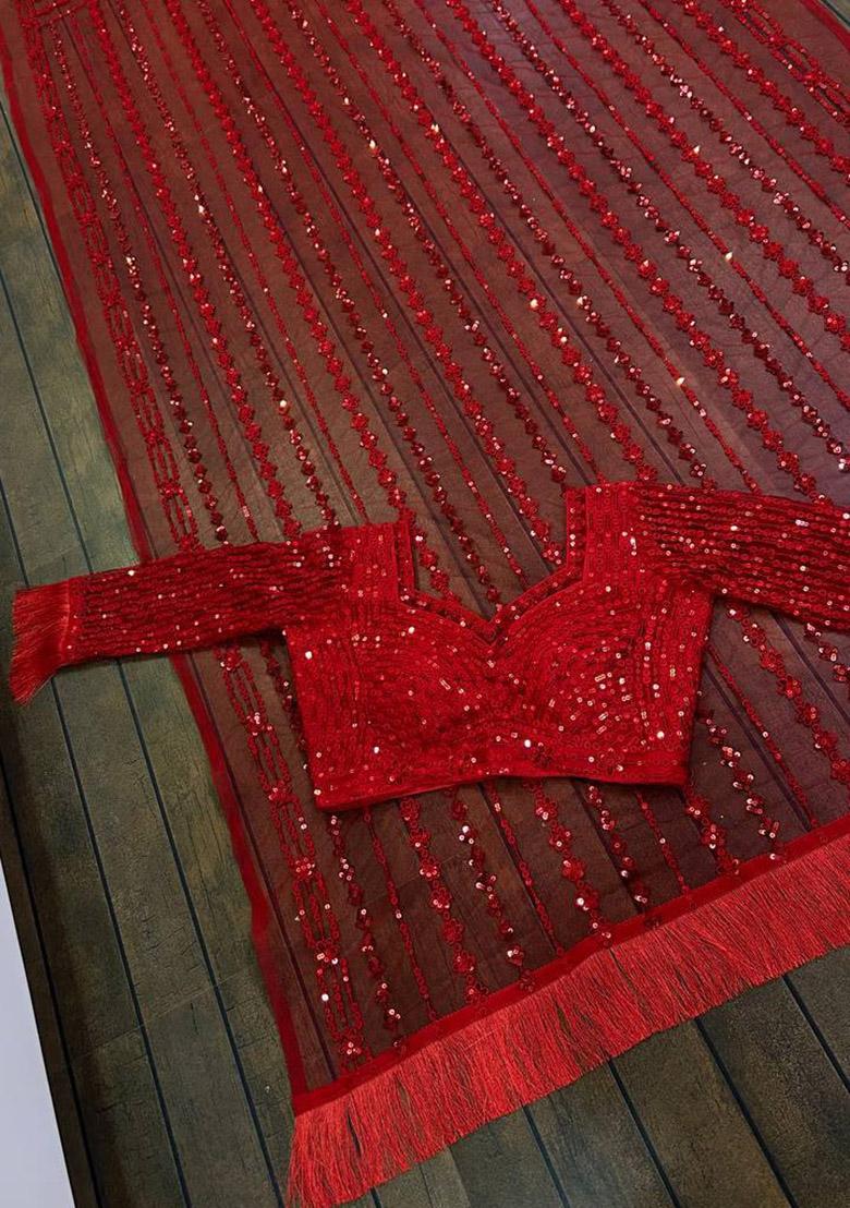 Red Sequin Work Net Saree Set - Indya