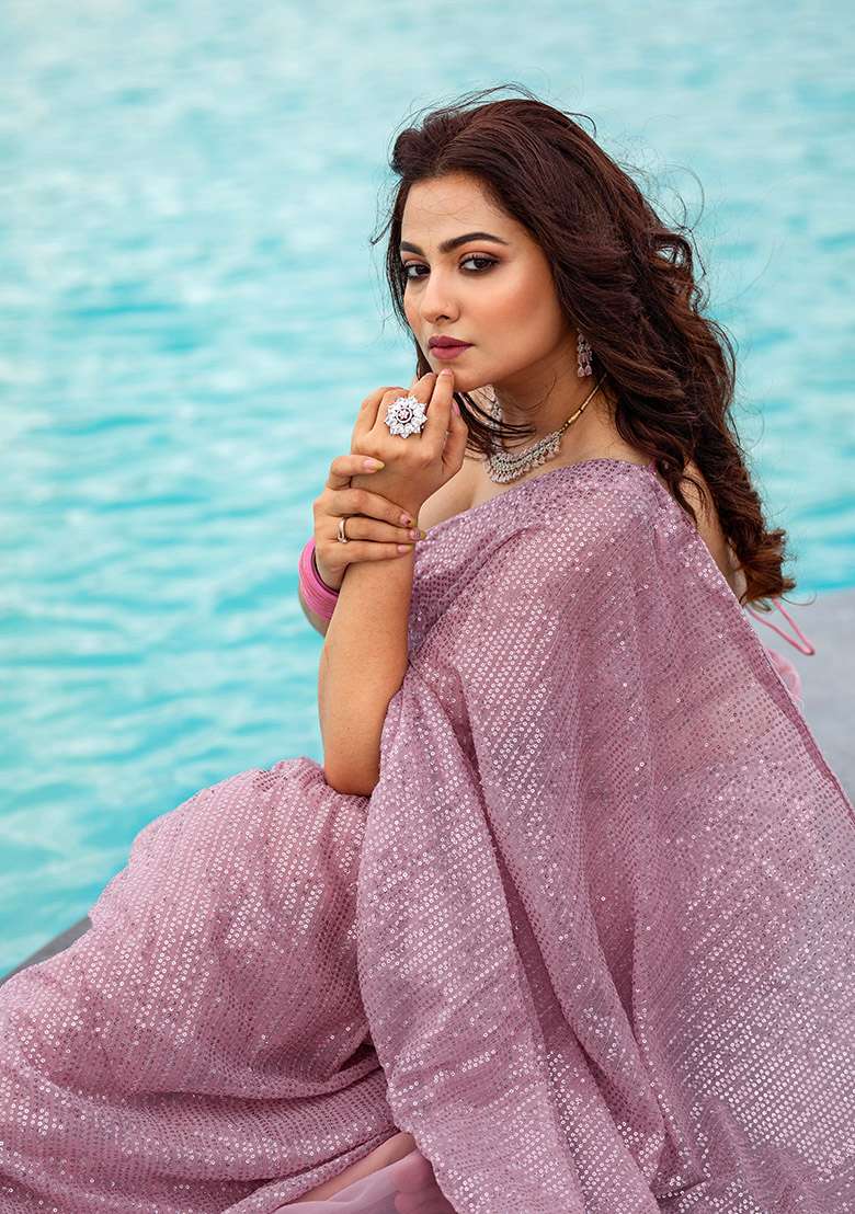 Baby Pink Sequin Work Georgette Saree Set for Diwali and Festive Wear - Indya