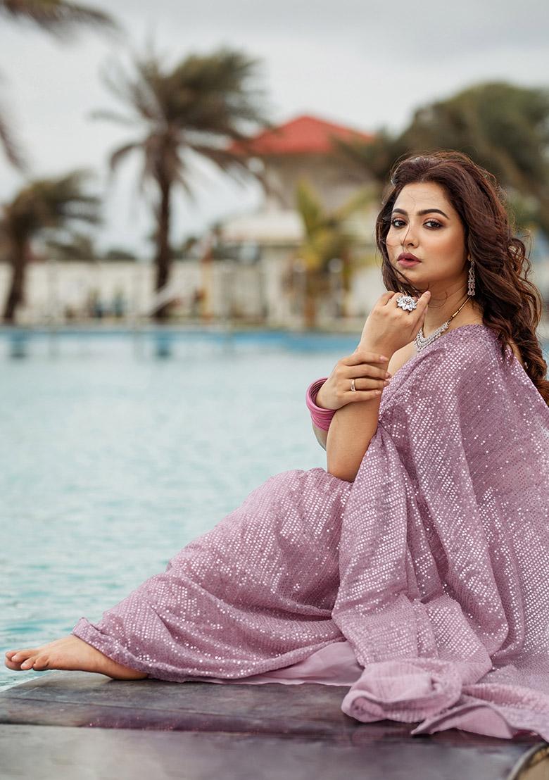 Baby Pink Sequin Work Georgette Saree Set - Indya