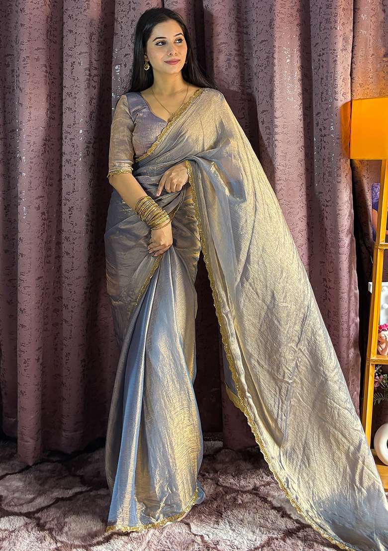 Grey Sequin Work Silk Blend Saree Set - Indya