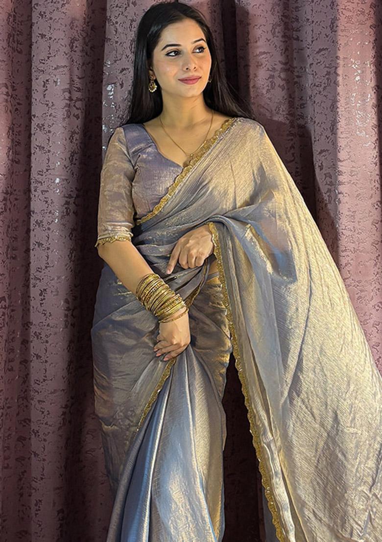 Grey Sequin Work Silk Saree Set - Indya