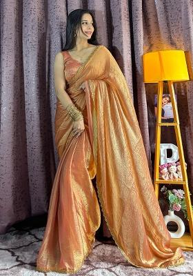 Peach Gold Sequin Work Silk Saree Set