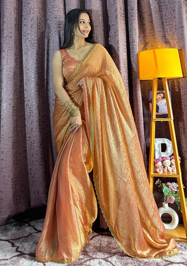 Peach Gold Sequin Work Silk Saree Set
