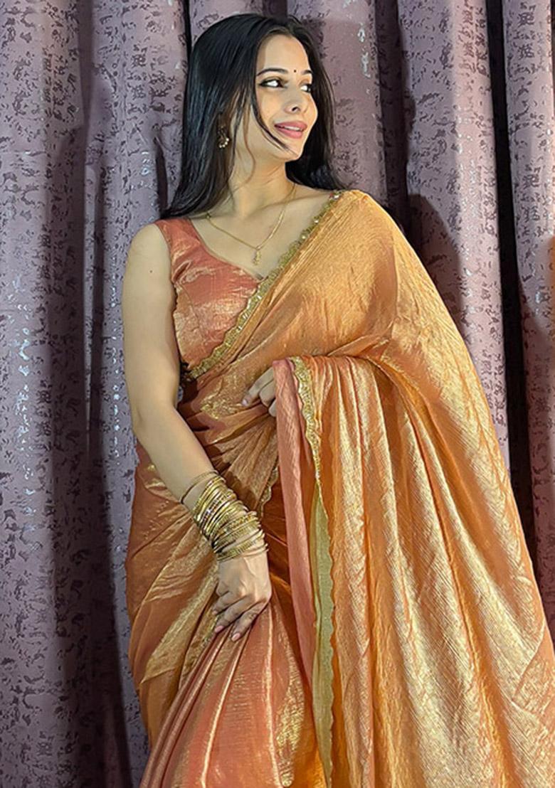 Peach Gold Sequin Work Silk Saree Set