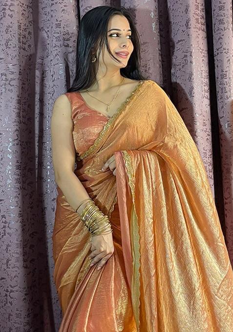 Peach Gold Sequin Work Silk Saree Set