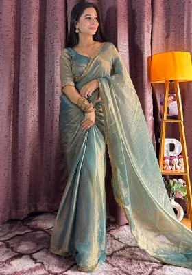 Turquoise Sequin Work Silk Saree Set