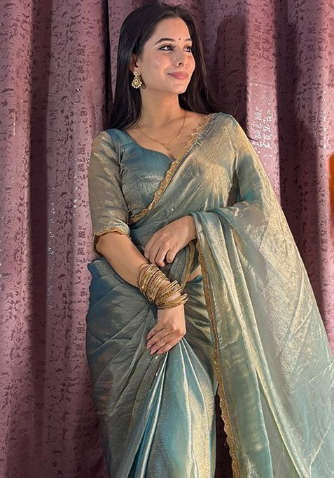 Turquoise Sequin Work Silk Saree Set