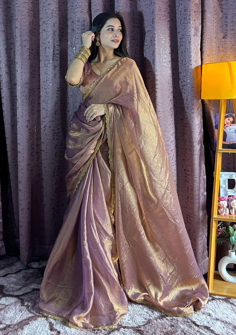 Lavender Sequin Work Silk Blend Saree Set - Indya