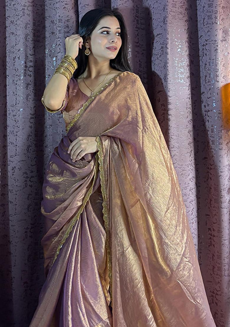 Lavender Sequin Work Silk Saree Set - Indya