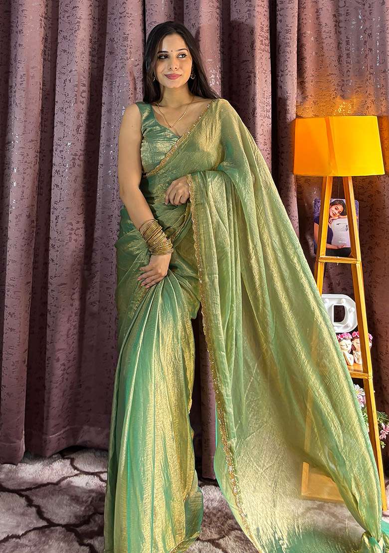 Olive Green Sequin Work Silk Blend Saree Set - Indya