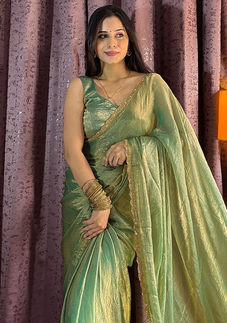 Olive Green Sequin Work Silk Saree Set - Indya