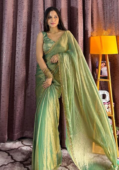 Olive Green Sequin Work Silk Saree Set