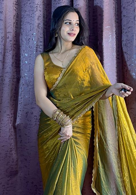 Gold Bronze Sequin Work Silk Saree Set