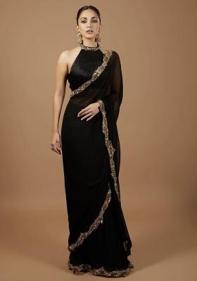Black Sequin Work Georgette Saree Set