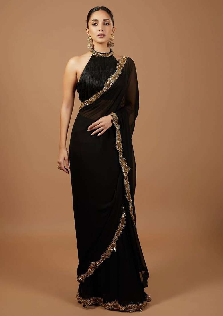 Black Sequin Work Georgette Saree Set - Indya