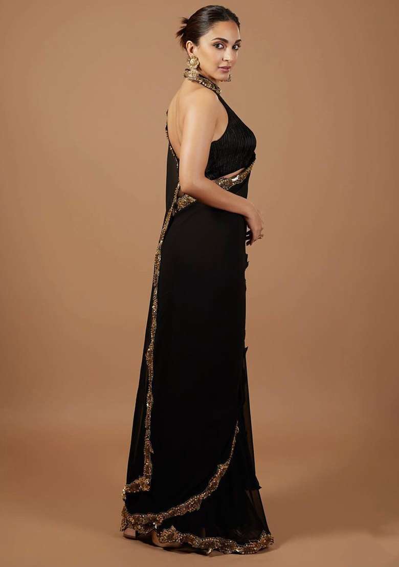 Black Sequin Work Georgette Saree Set - Indya