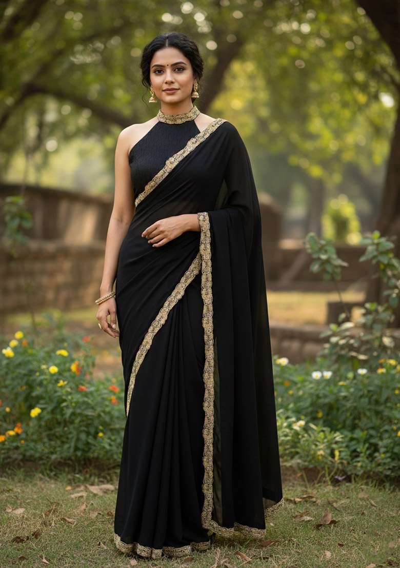 Black Sequin Work Georgette Saree Set - Indya