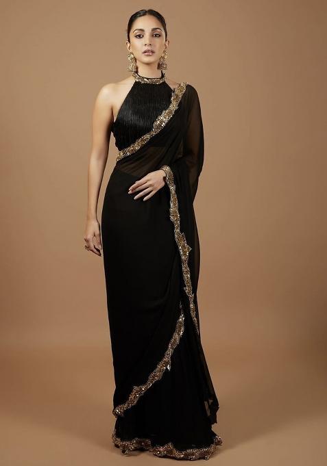 Black Sequin Work Georgette Saree Set