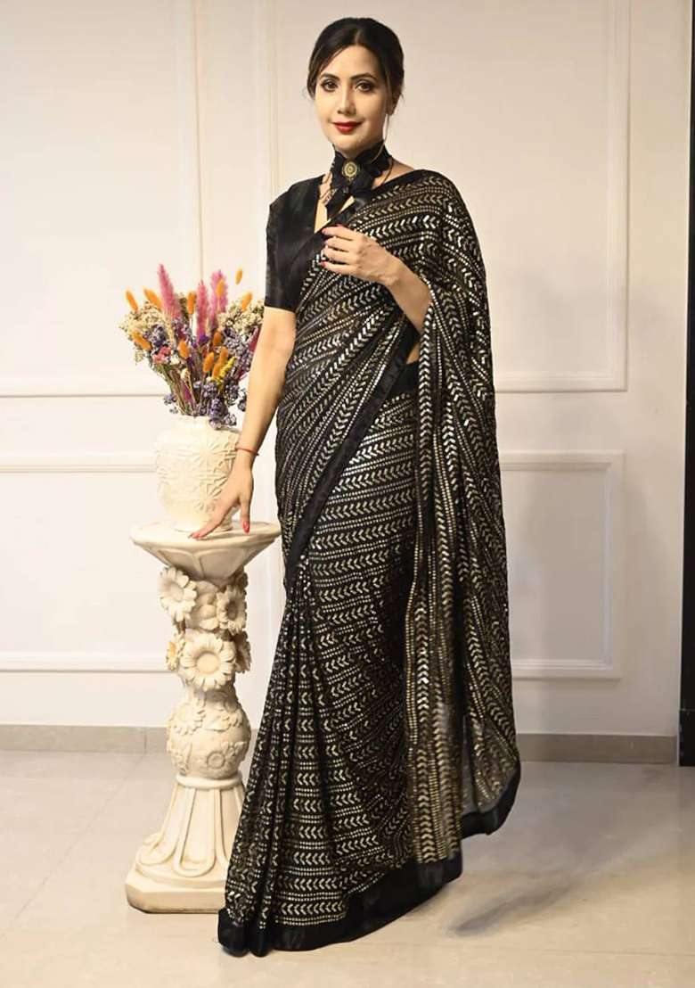 Black Sequin Work Georgette Saree Set - Indya