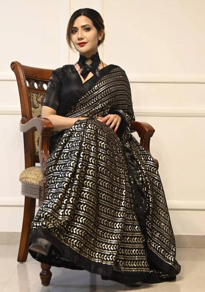Black Sequin Work Georgette Saree Set - Indya
