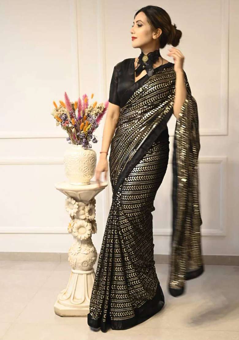 Black Sequin Work Georgette Saree Set - Indya