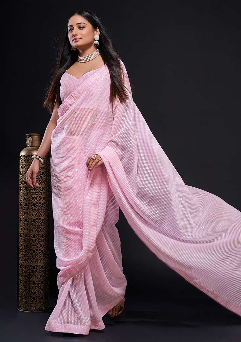 Distinctly Pink Sequin Work Georgette Saree Set - Indya